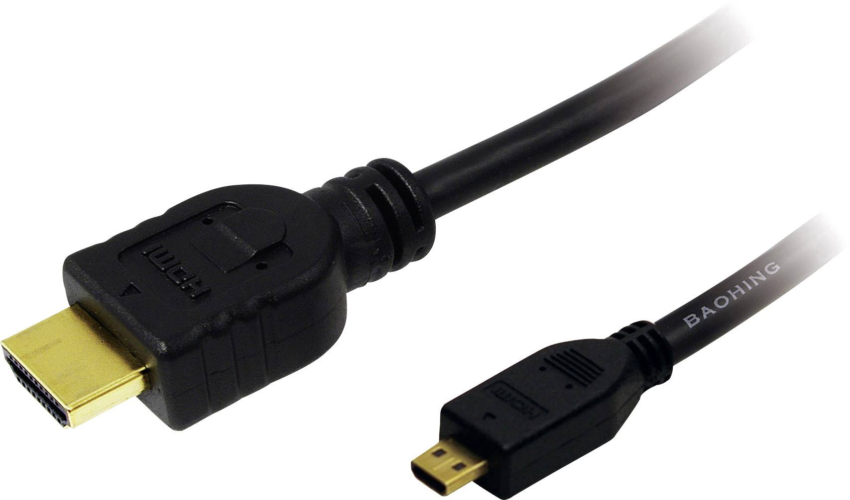 An HDMI cable with a standard and a micro-HDMI plug, used to connect electronic devices for audio and video signals.