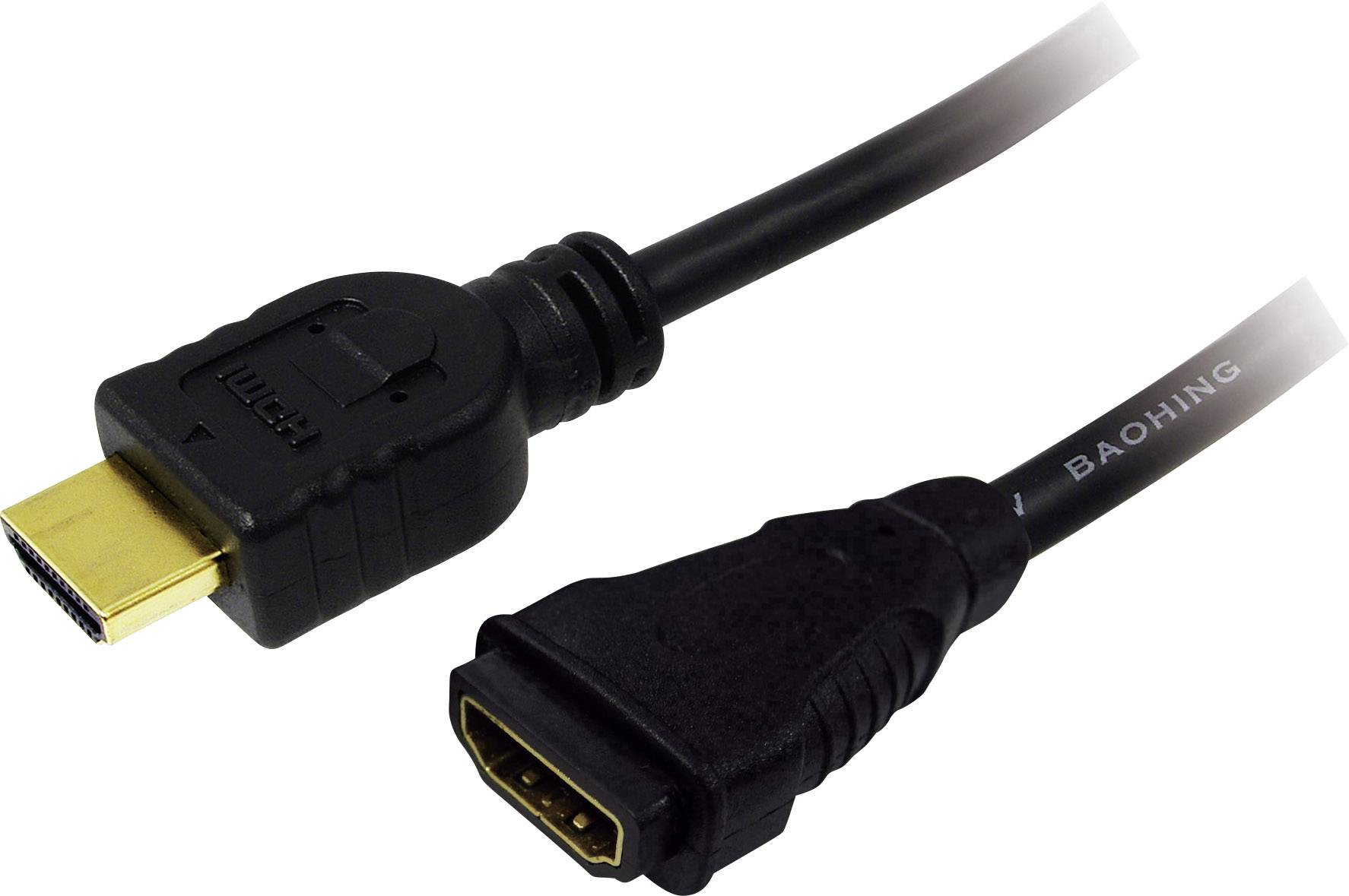 Black HDMI cable with male and female connectors. Designed for connecting video devices.