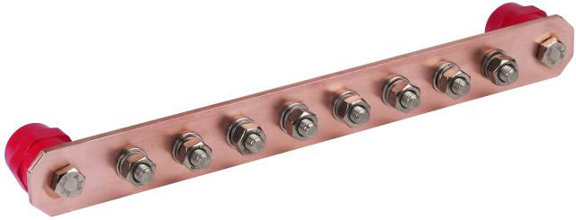 Copper rail with eight secured screws and nuts, fitted with red plastic caps at both ends. Technical component.