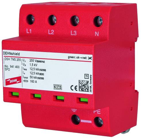 Red overvoltage protection for three-phase systems with five terminals, Model 'DEHNshield DSH TNS 255', with a serial number.