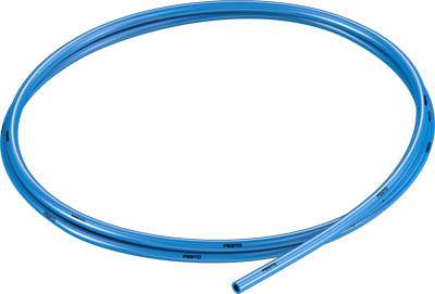 Blue hose, coiled and flexible. Suitable for applications in pneumatics or hydraulics.