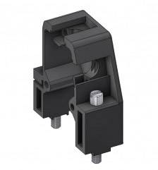 A black, L-shaped mounting bracket with two visible screws. It appears suitable for mechanical connections.