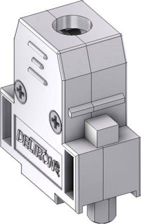 Technical drawing of a rectangular connector with screws and the inscription 'Deltron' on the side.