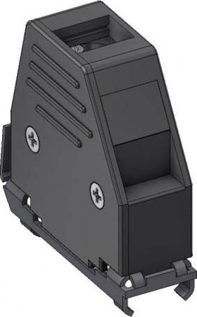 Black, trapezoidal plastic connector with slots and screw fastenings, for use in electrical circuits.