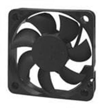 A black computer fan with a square frame and seven blades, typically used for cooling computers.