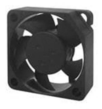 A black computer fan with three fan blades, mounted in a square housing, viewed from the front.