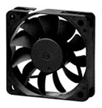 A black computer fan with a square frame and multiple blades used for cooling in electronic devices.