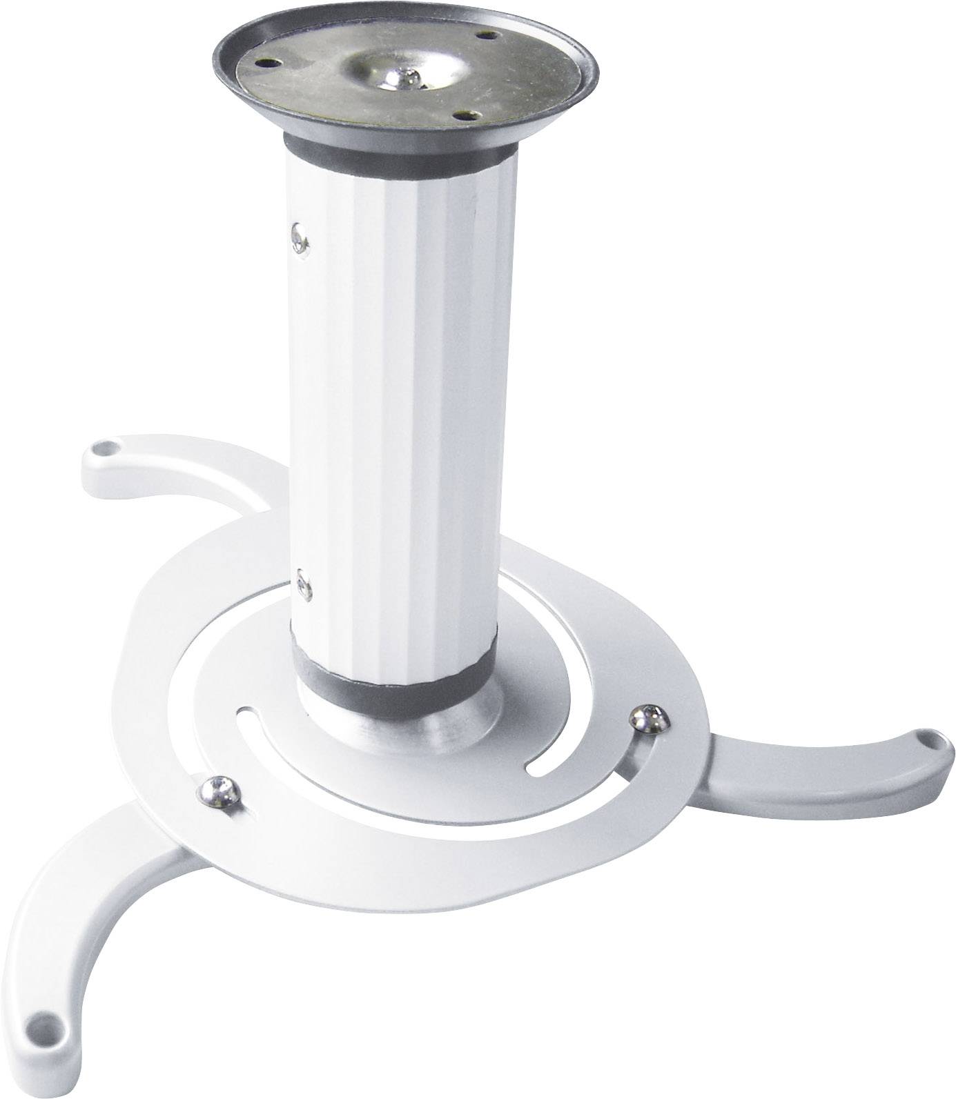A white, adjustable ceiling mount for projectors with a round base and three extendable arms for mounting.