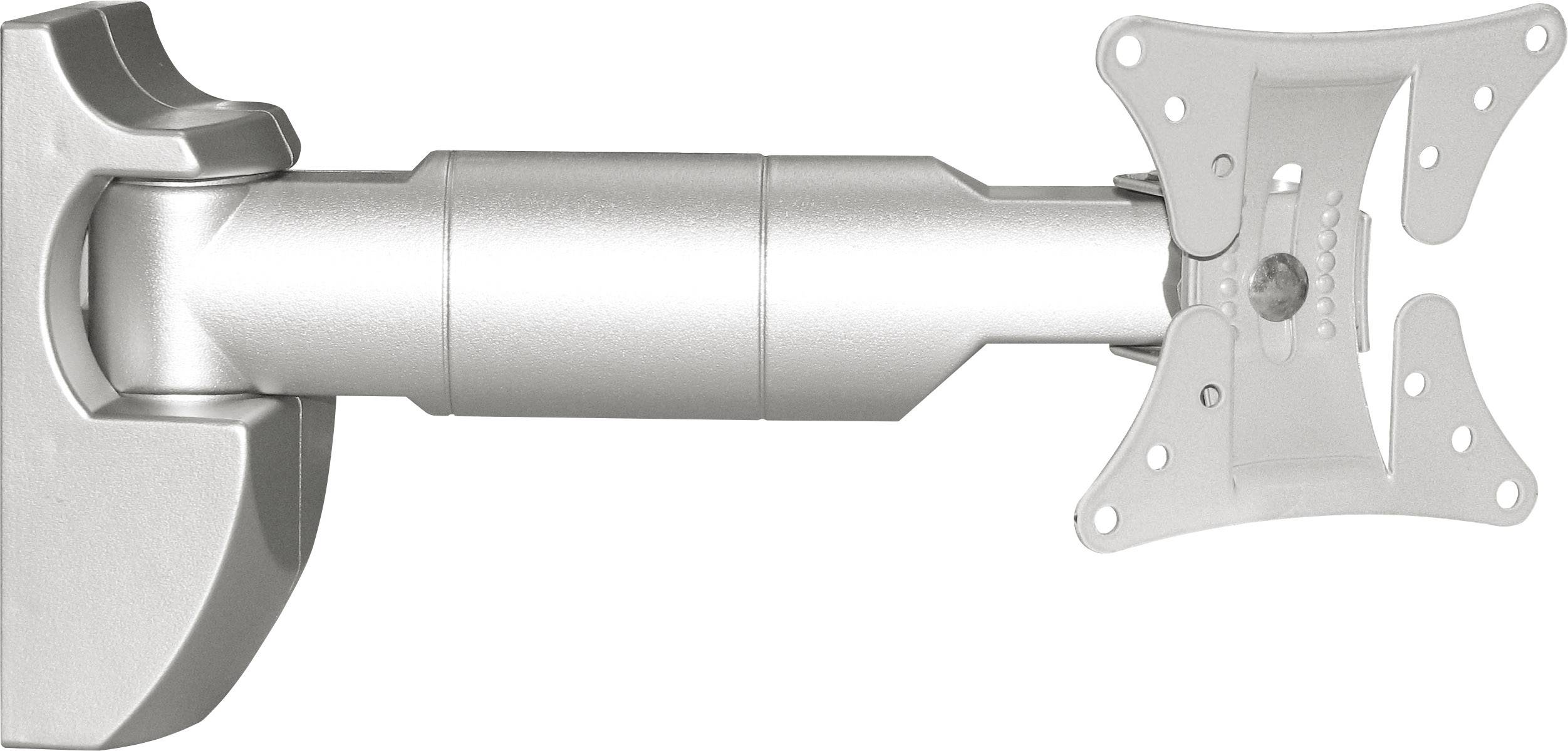 A silver, adjustable monitor arm with a fixed wall mount and a VESA-compatible mounting plate for displays.