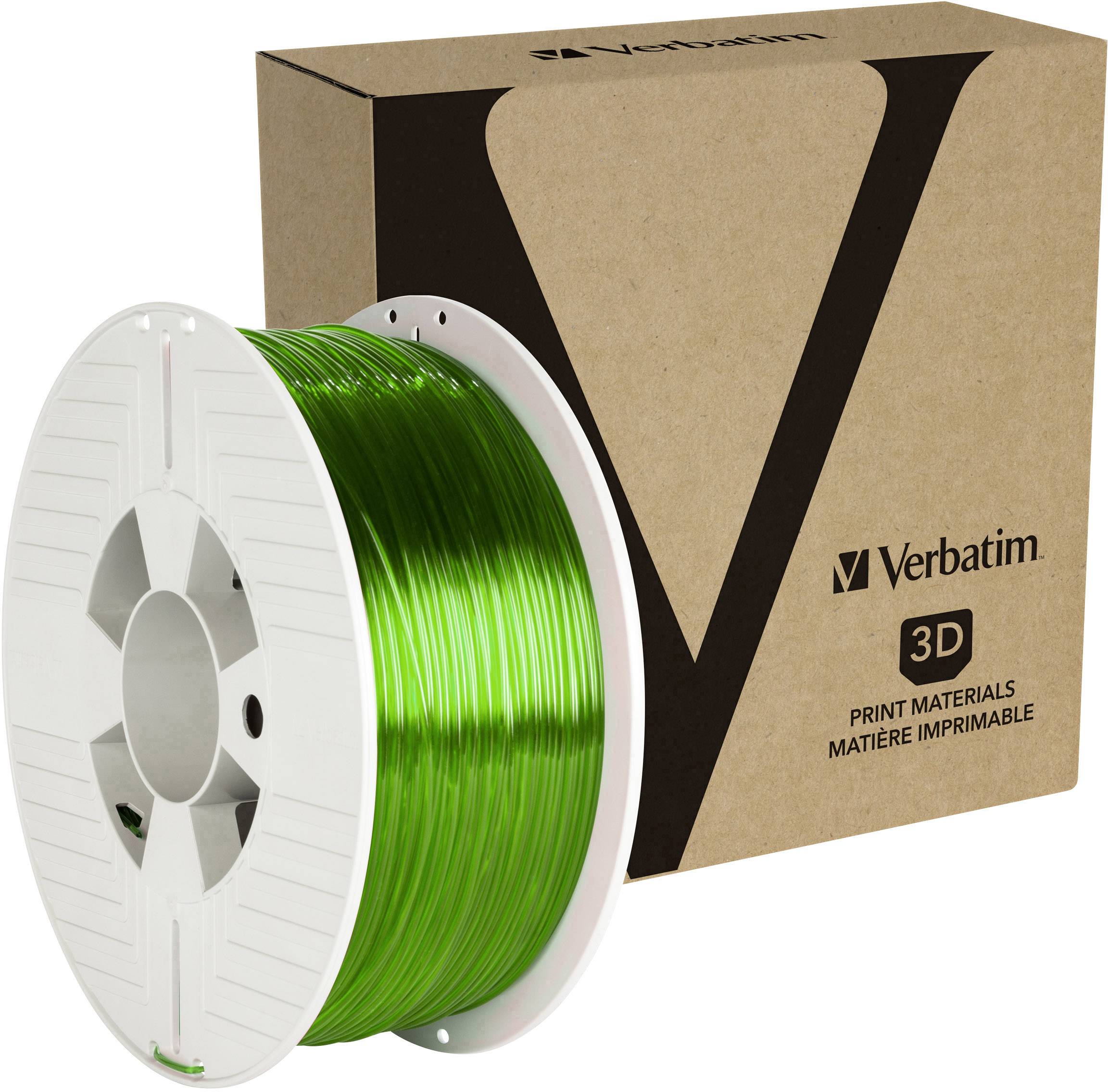 Verbatim 3D printer filament, green, on spool, in front of cardboard packaging.