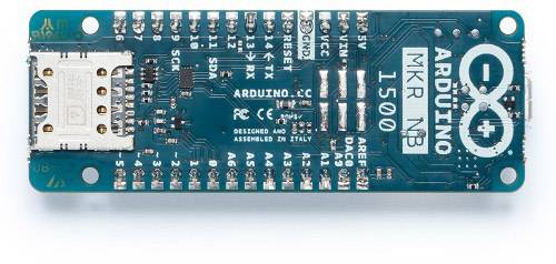 Arduino MKR NB 1500 Microcontroller Board with Micro-USB Port and Various Pins for Tinkering and Development.