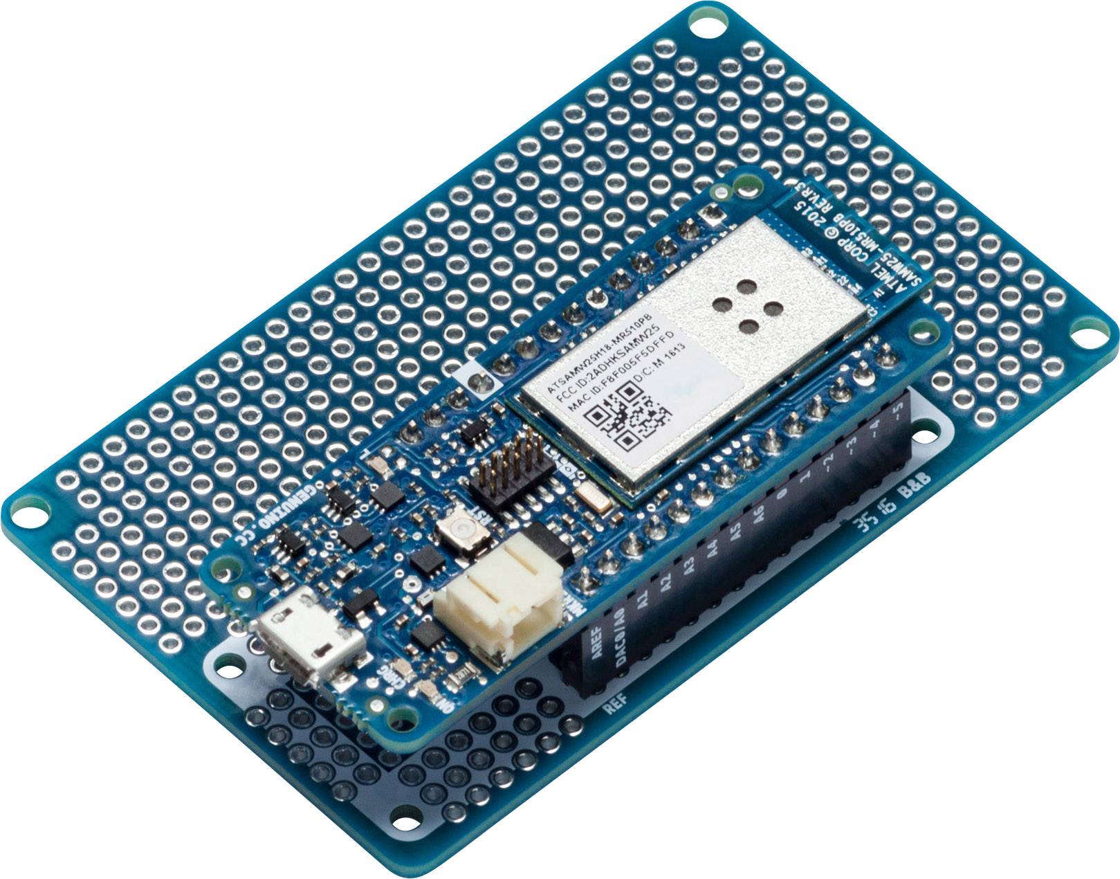 A blue circuit board with a microcontroller, USB port and multiple connectors. Suitable for electronic projects and prototyping.