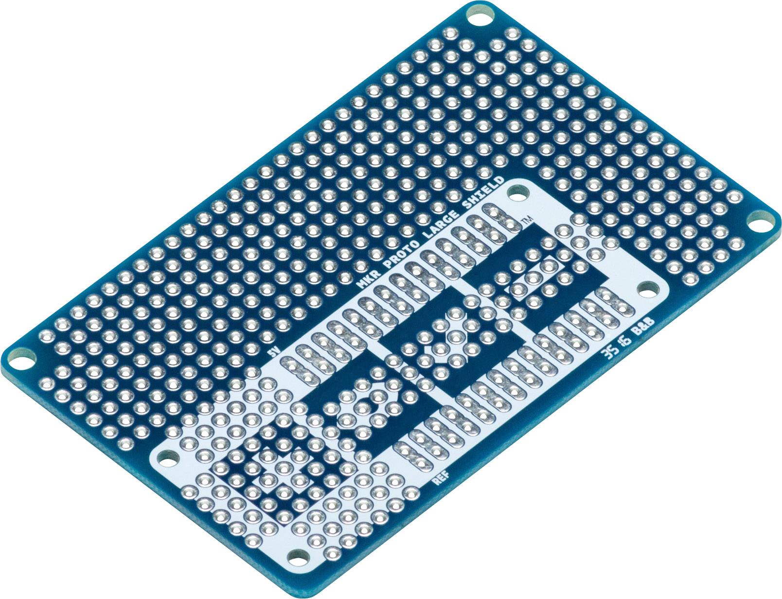 A rectangular, blue breadboard with numerous small holes and copper connections for electronic circuits.