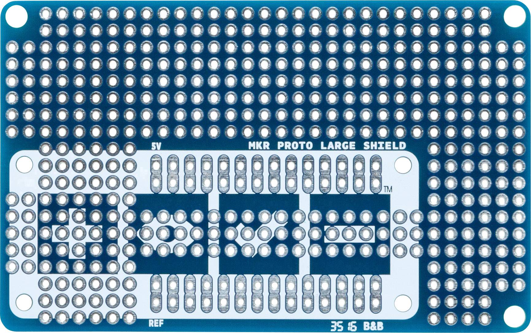 Blue printed circuit board with numerous soldering points; marked with 'MKR Proto Large Shield'. Suitable for Arduino prototyping.