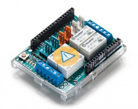 An electronic circuit board with multiple ports, featuring orange and blue connectors and a warning symbol in the centre.