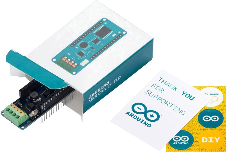 Arduino WiFi Shield in an opened package, with a thank you card next to it bearing the text 'Thank You For Supporting', Arduino logo visible.