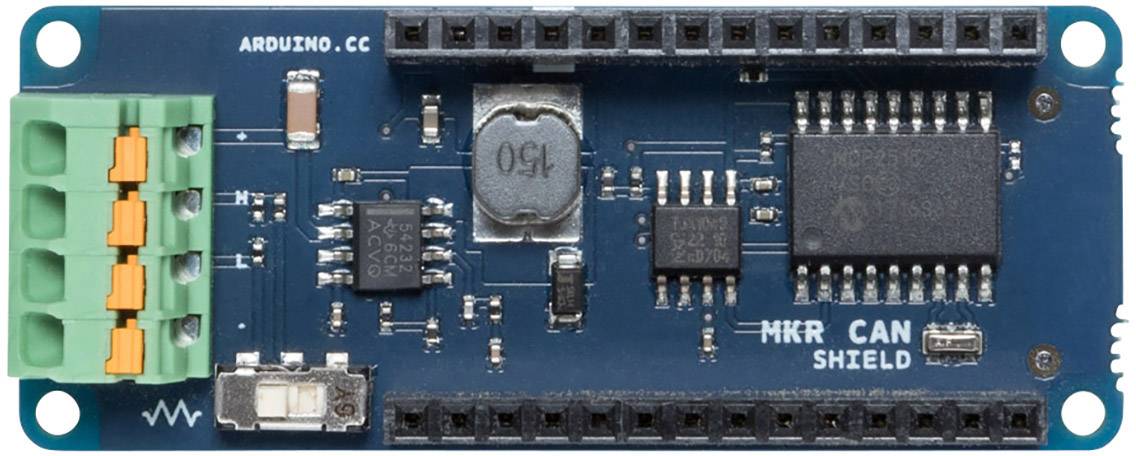 Electronic circuit board 'MKR CAN Shield' with multiple connectors, chips and the inscription 'ARDUINO.CC'. Developed for Arduino projects.