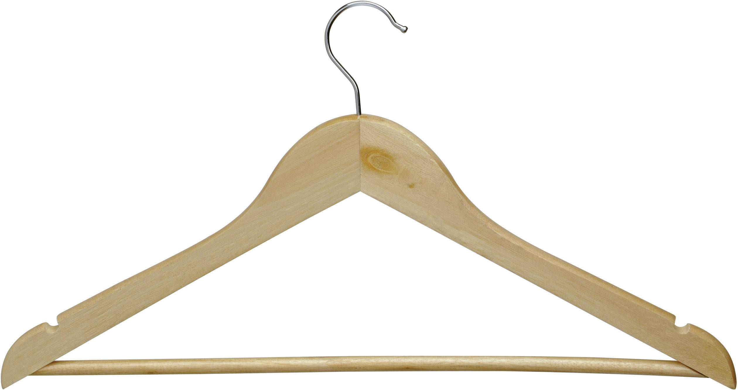 A wooden coat hanger with a metal hook, suitable for hanging jackets, shirts, or other items of clothing.