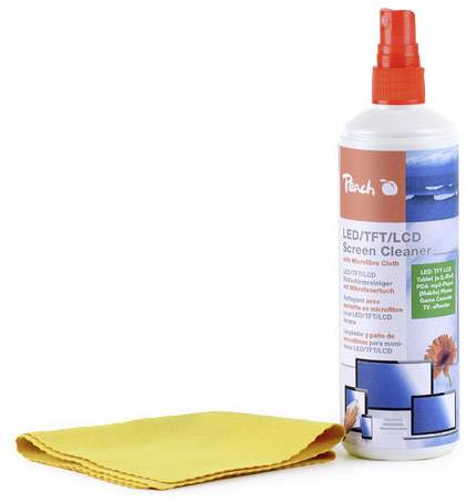 Cleaning kit consisting of a spray bottle for LED/TFT/LCD screens and a yellow microfibre cloth.