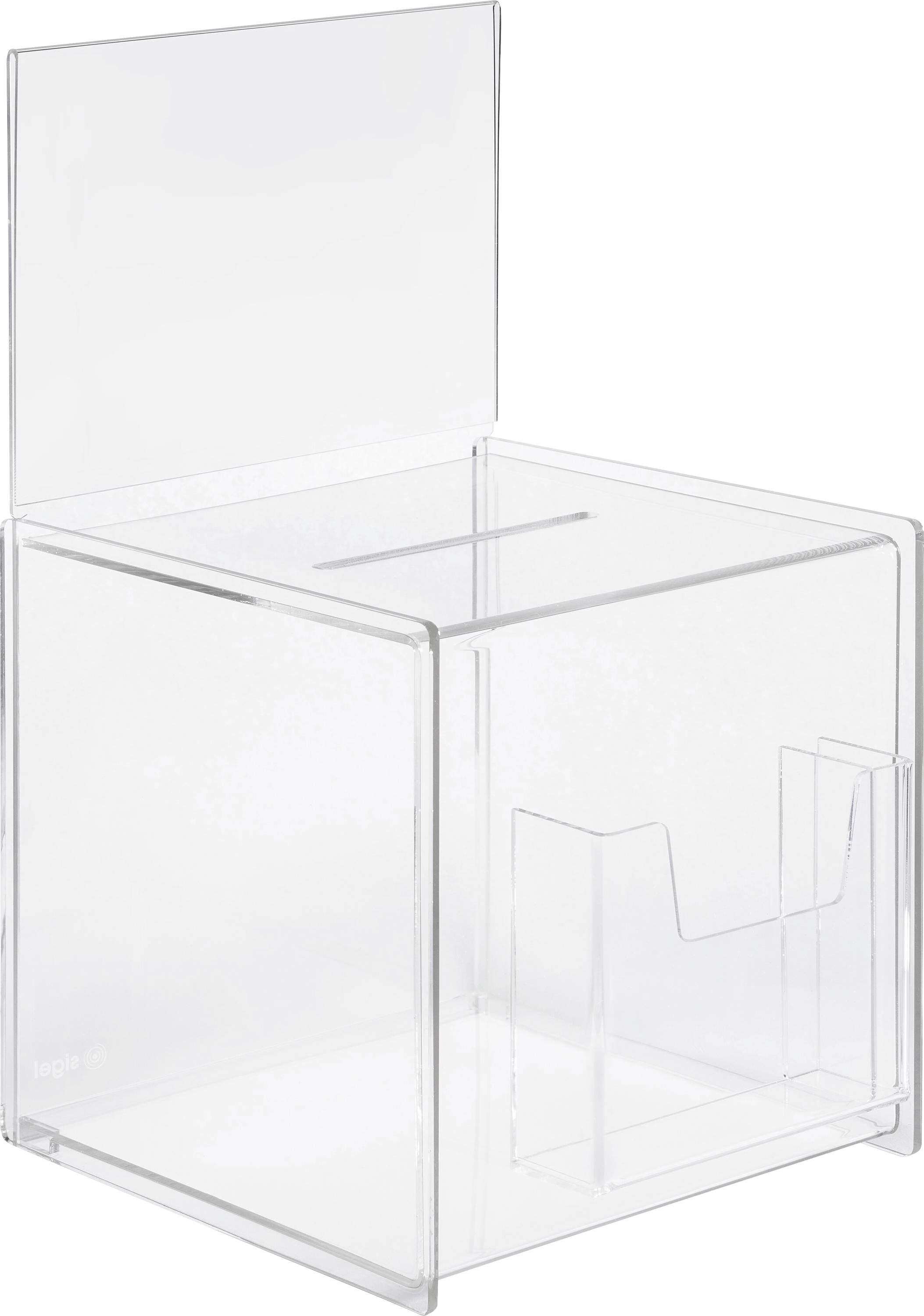 Clear plexiglass donation box with a slot on top and a compartment for brochures, designed for collecting donations or suggestions.