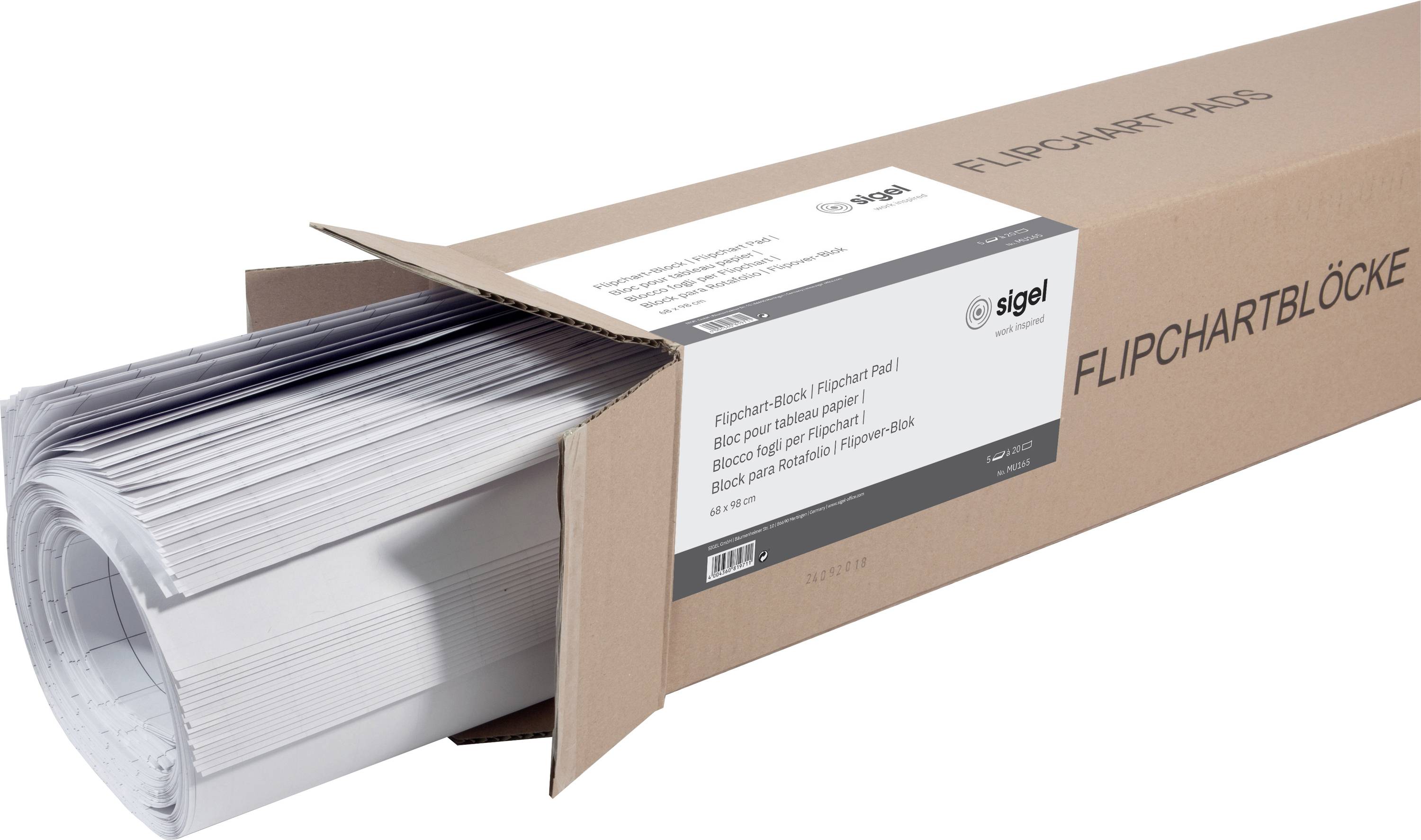 Large cardboard box containing flip chart pads, some partially pulled out. Labelled 'Flip Chart Pads', brand name visible.