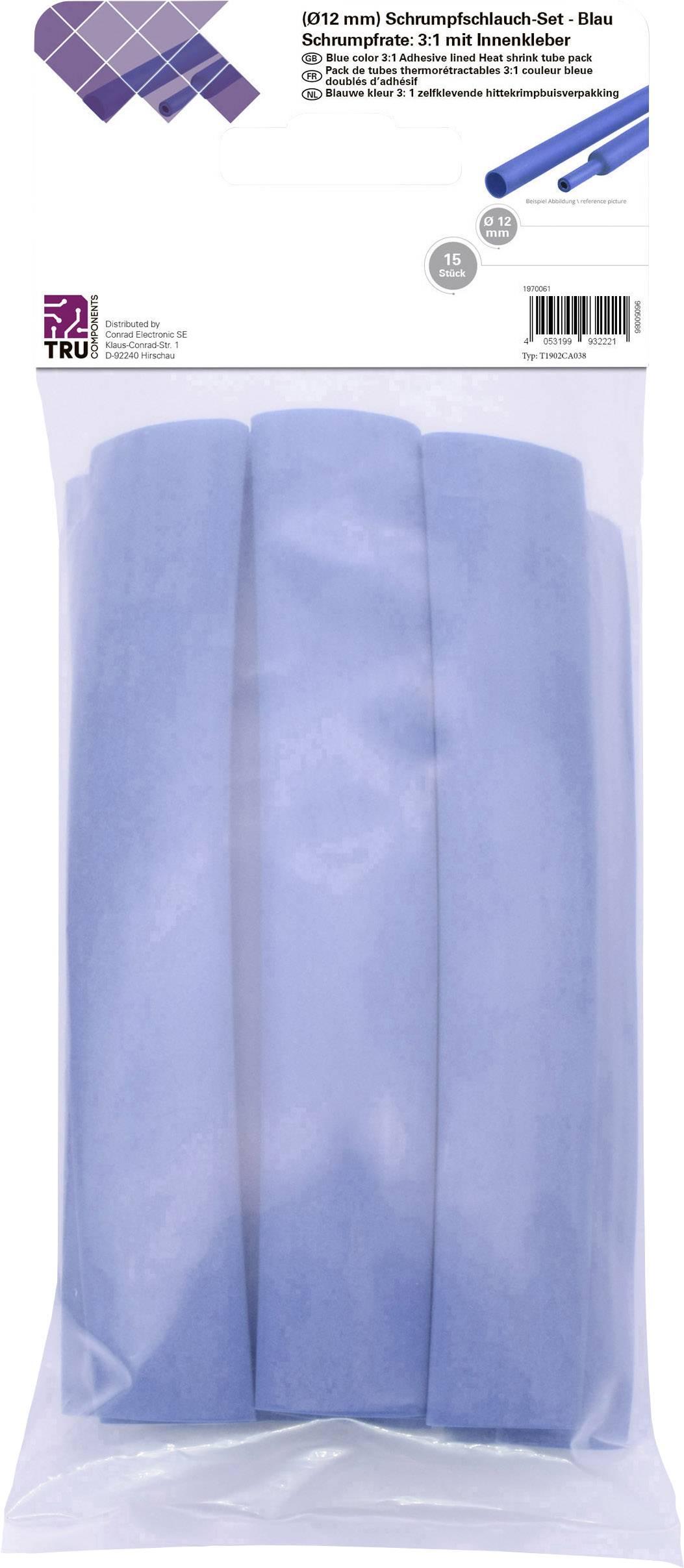 Heat Shrink Tube Set (Ø12 mm) in Blue, Shrink Ratio 3:1, with Internal Adhesive, in Clear Packaging with Label on Top.
