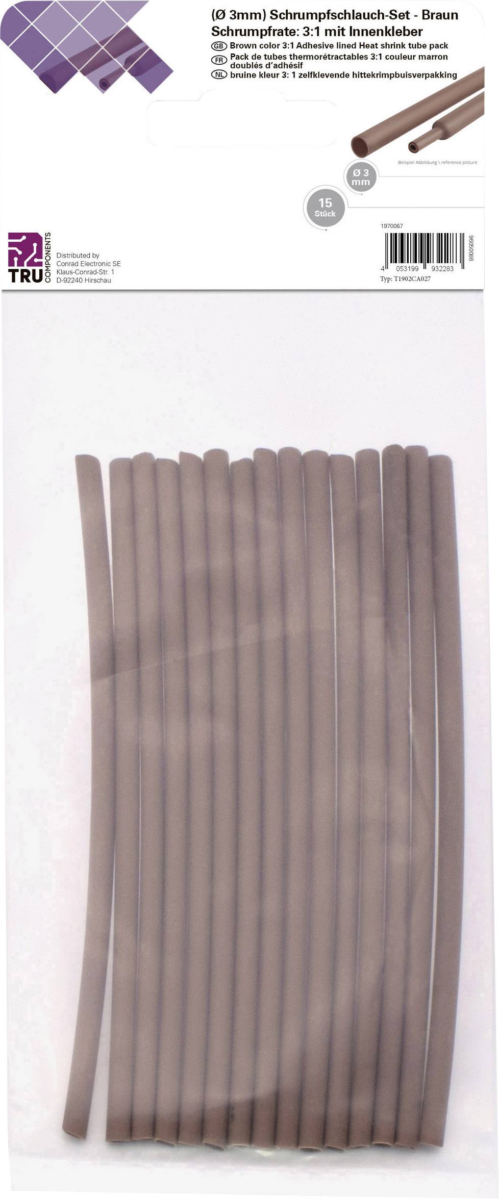 '(30 pieces) Heat Shrink Tube Set - Brown with 2:1 Shrink Ratio and Inner Lining. 15 cm long tubes. Manufacturer's logo top left.'