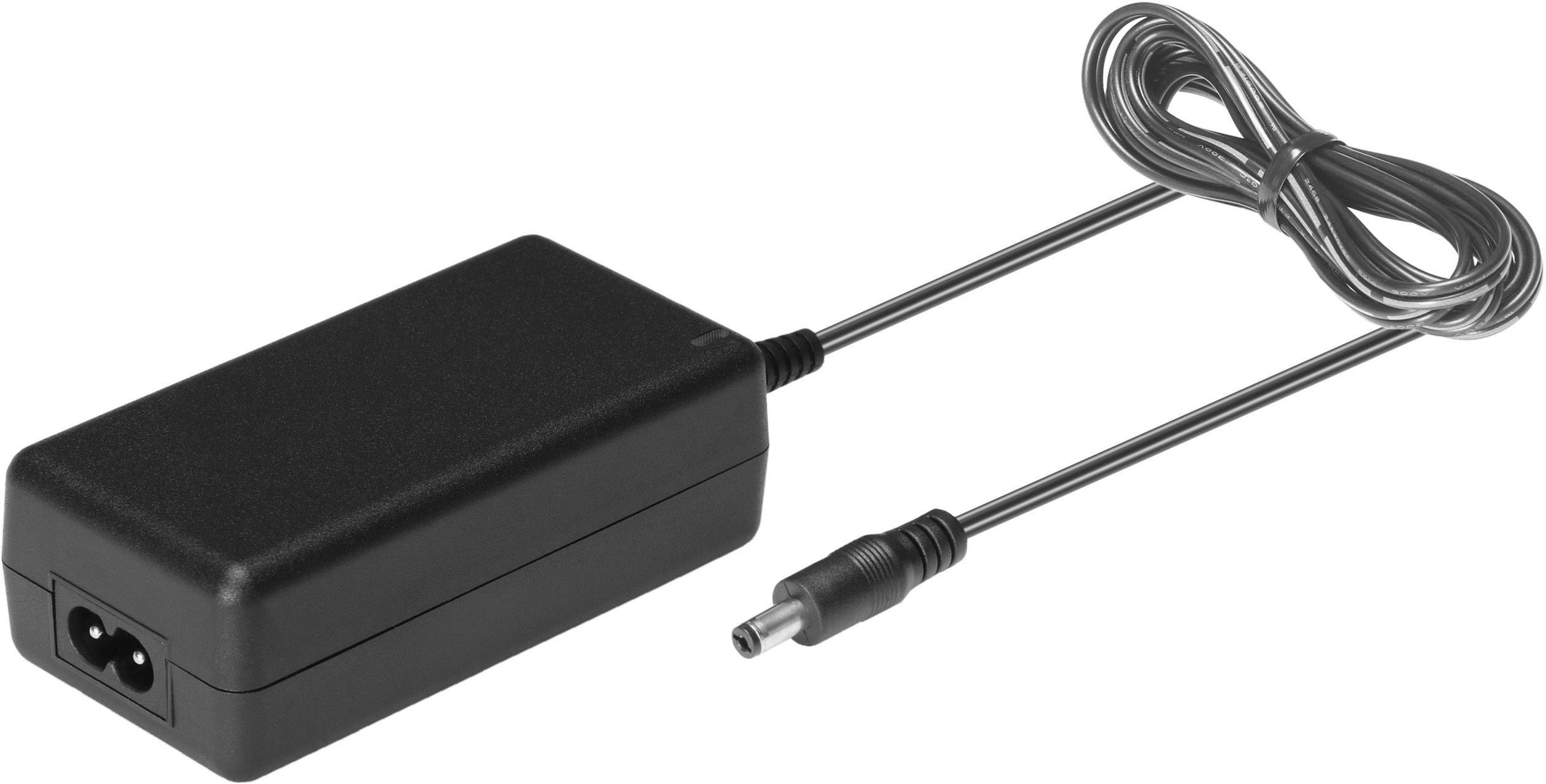 Black power supply with two-pin plug and cable, used for charging or powering devices.