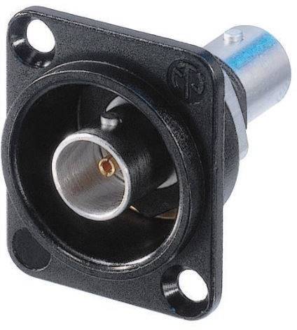 BNC-R-socket connector, black, for use in electronic devices and communication systems.