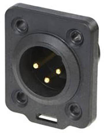 Black panel socket for XLR cables with three gold-plated contacts and four mounting holes.