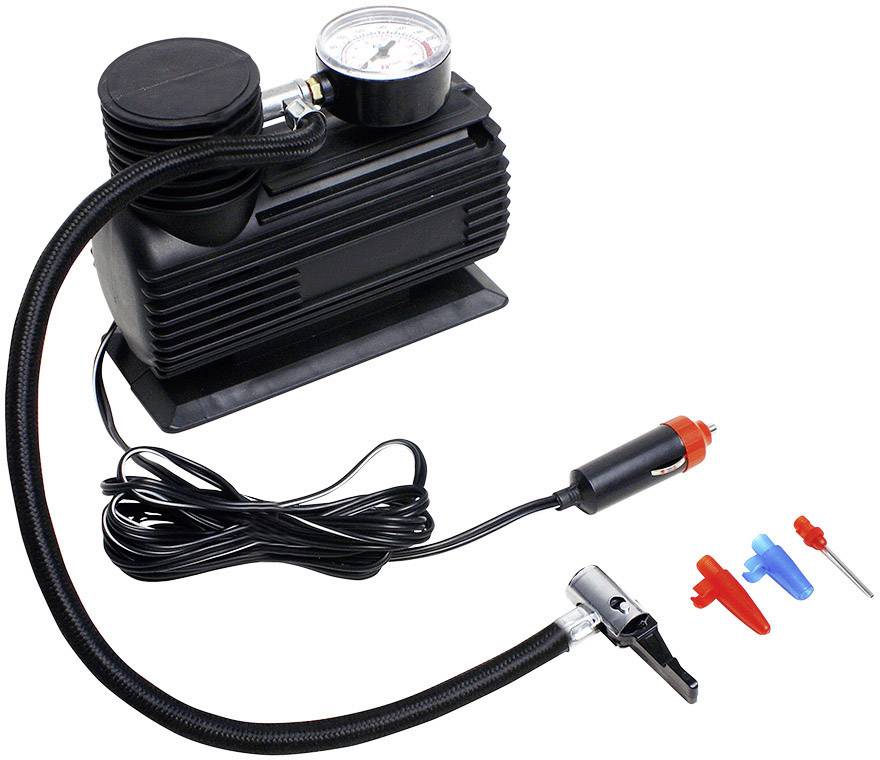 Black electric air pump with pressure gauge and power cable connection, including various attachments and needle for inflation.