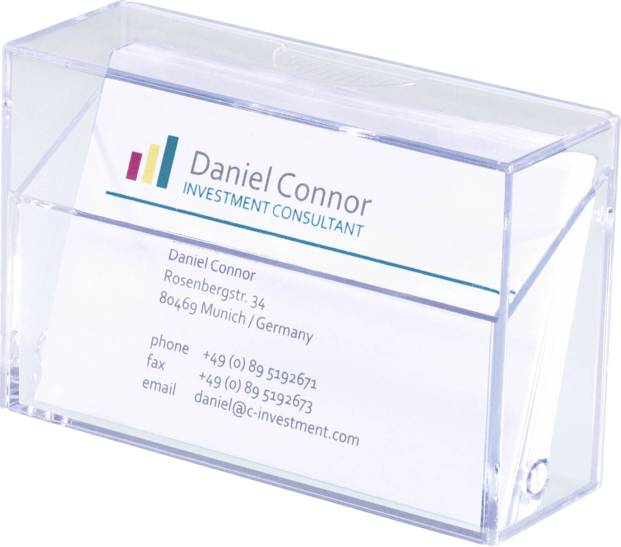Business card in a clear holder for 'Daniel Connor, Investment Consultant', showing contact info including phone, fax, and email.