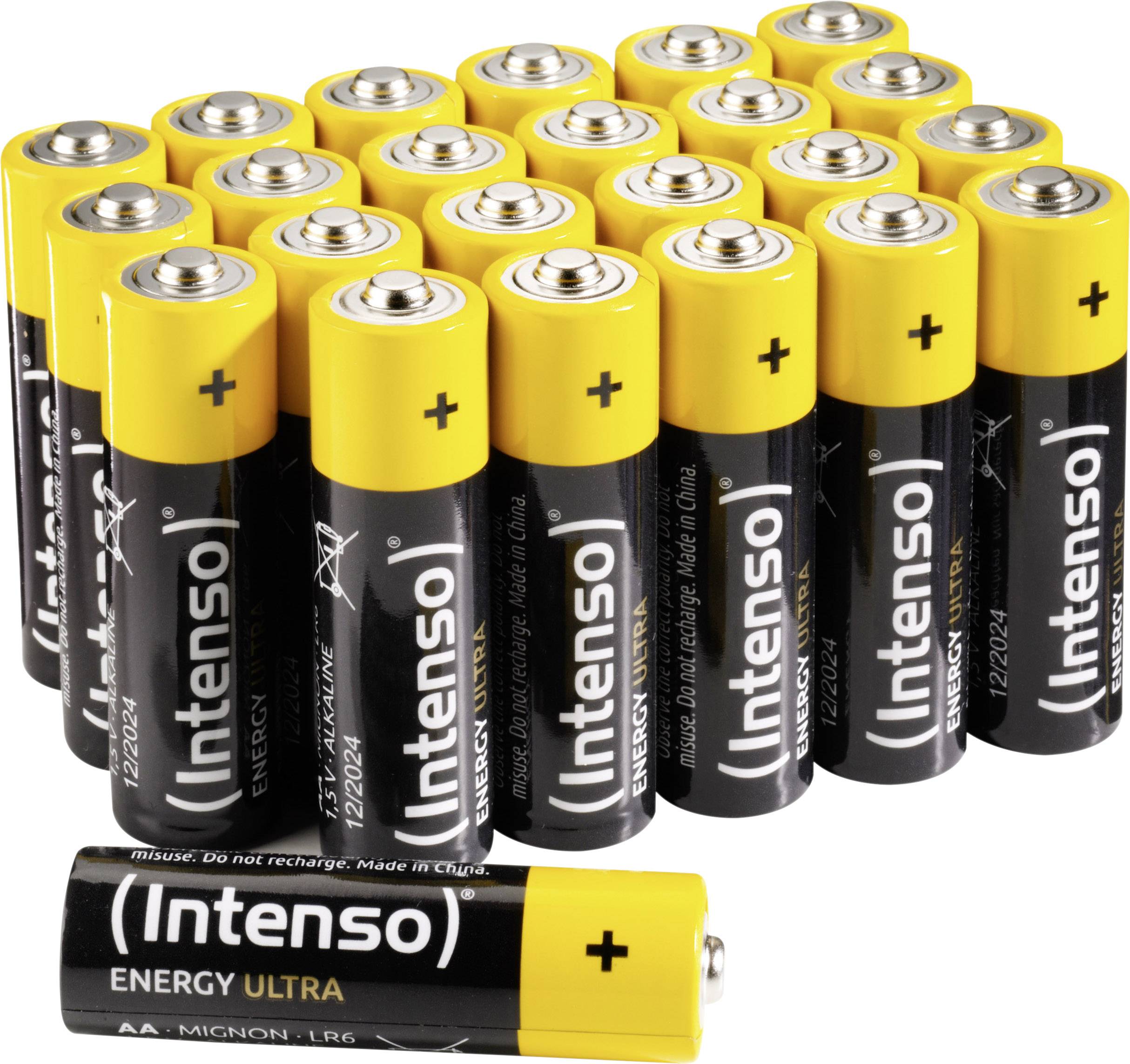 A group of yellow 'Intenso' AA batteries standing upright, with one battery lying horizontally in the foreground.
