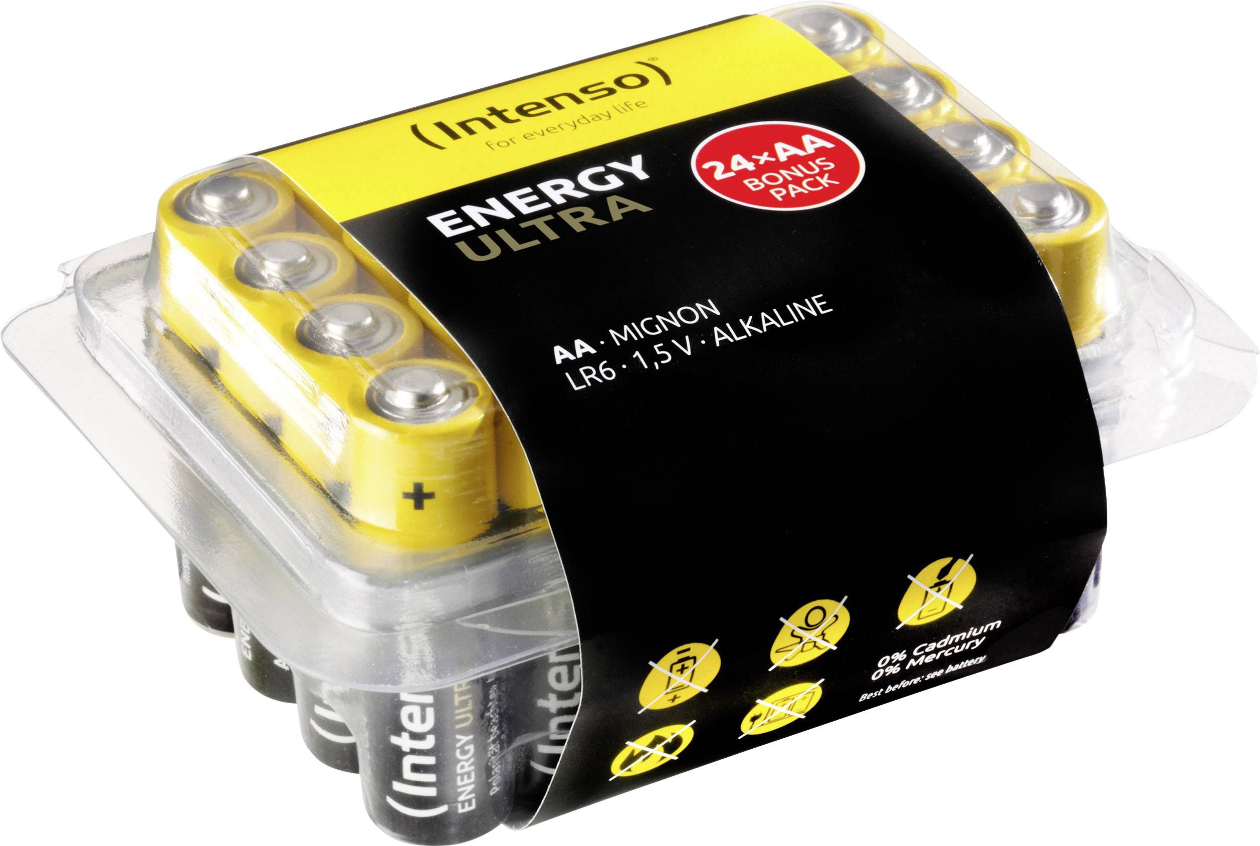 Intenso Energy Ultra Battery Pack, 24x AA Mignon, 1.5V Alkaline, with yellow-black label, suitable for everyday devices.