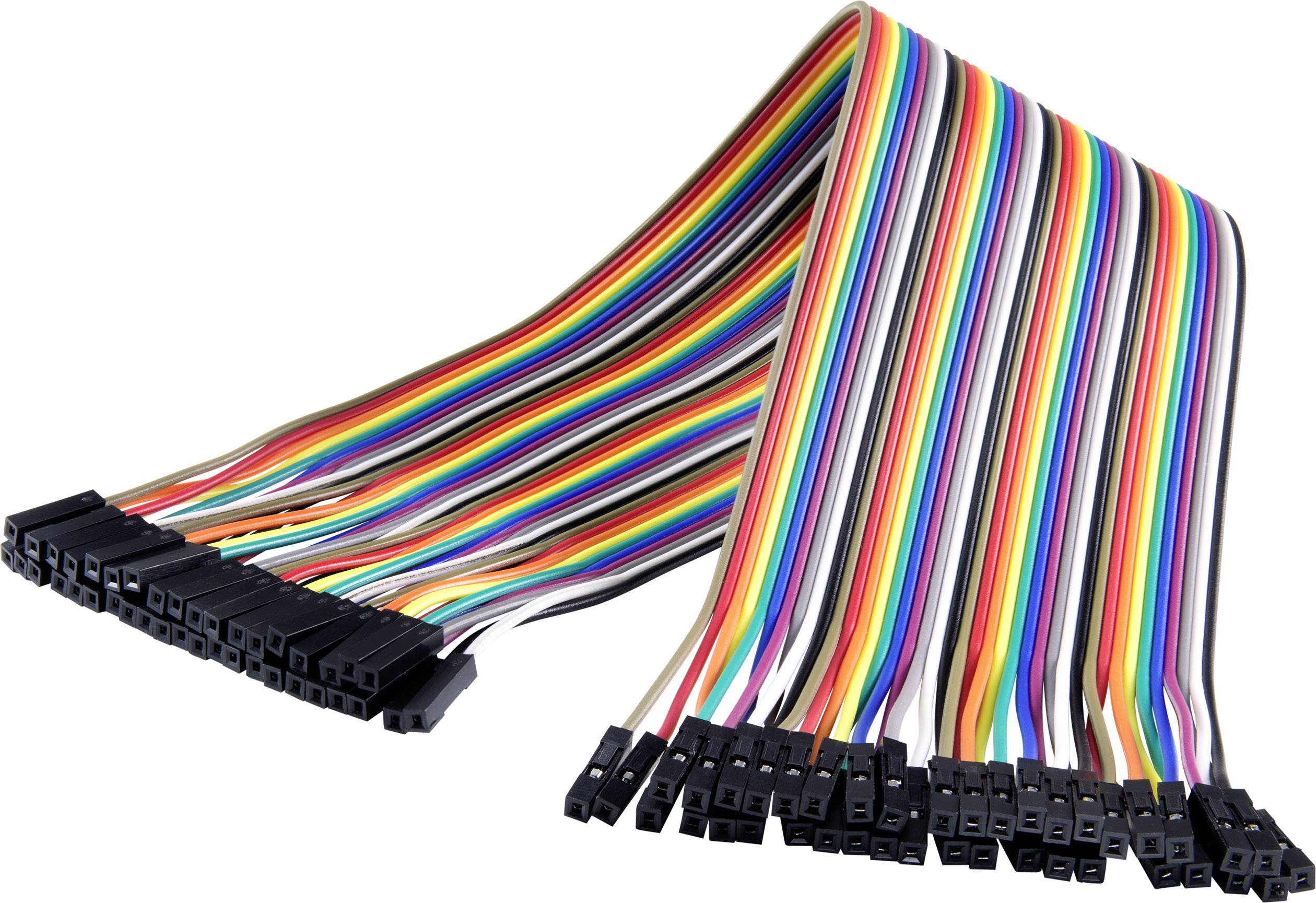 A bundle of colourful, side-by-side flat ribbon cables with black connectors on both ends.