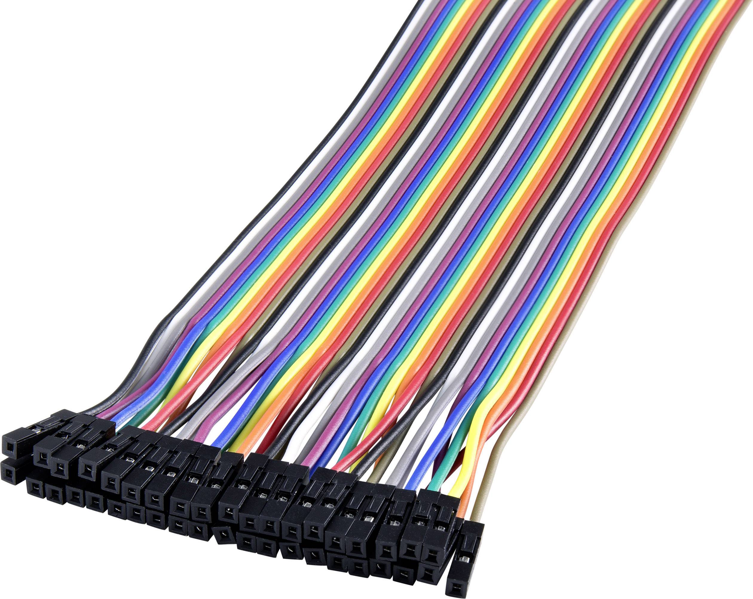 Multicoloured jumper wires with black connectors, similar to a ribbon cable, for connecting electronic components.