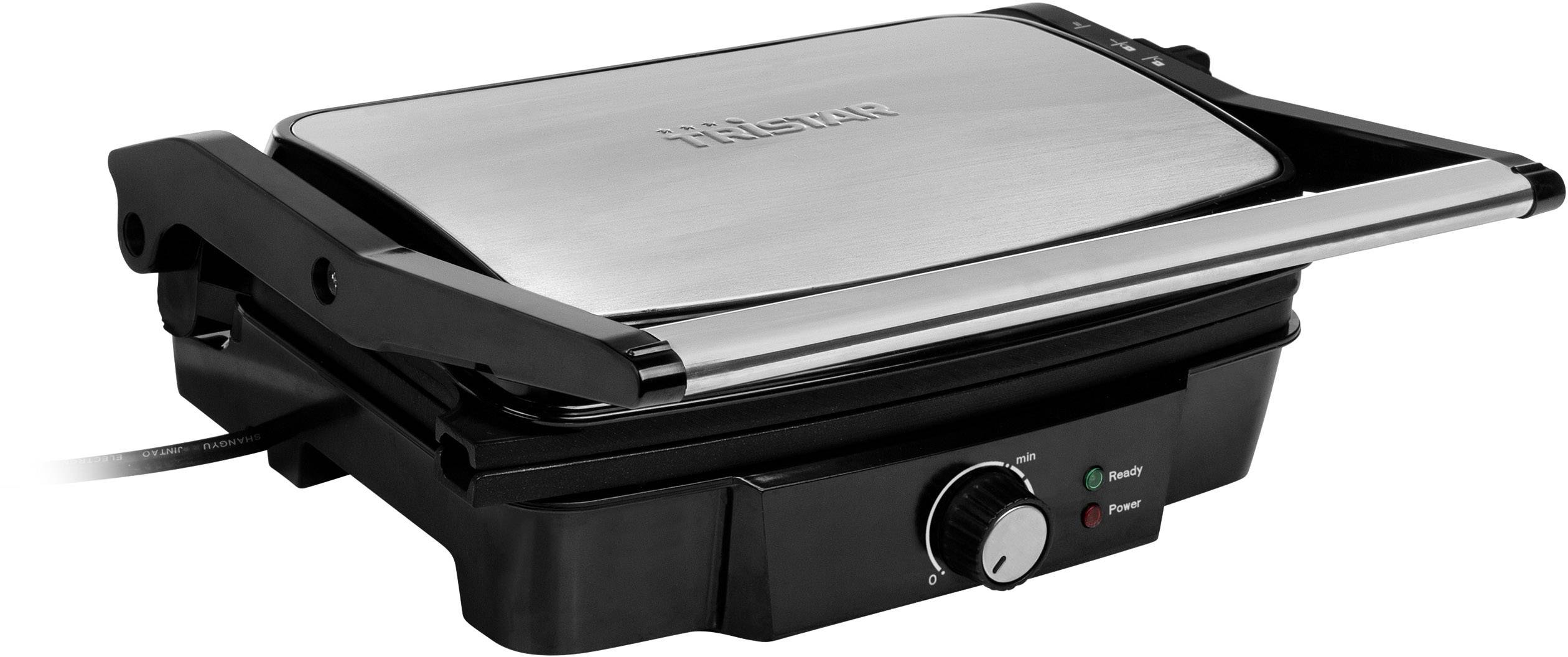 An electric grill with a stainless steel cover and temperature control. Two indicator lights show the operational status.