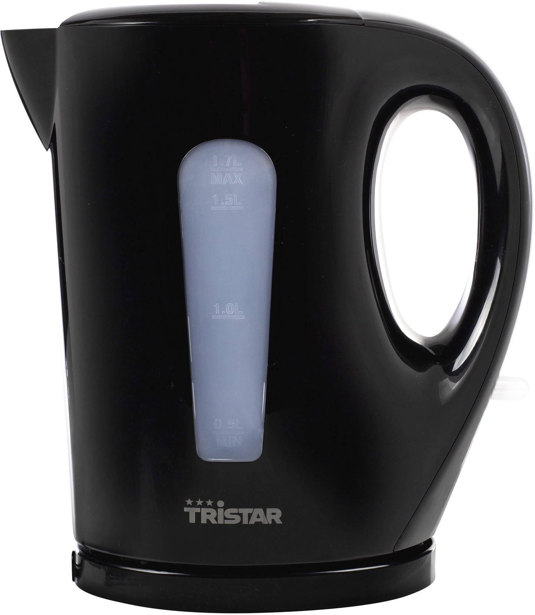 Black kettle with transparent water level indicator and carry handle, brand Tristar.
