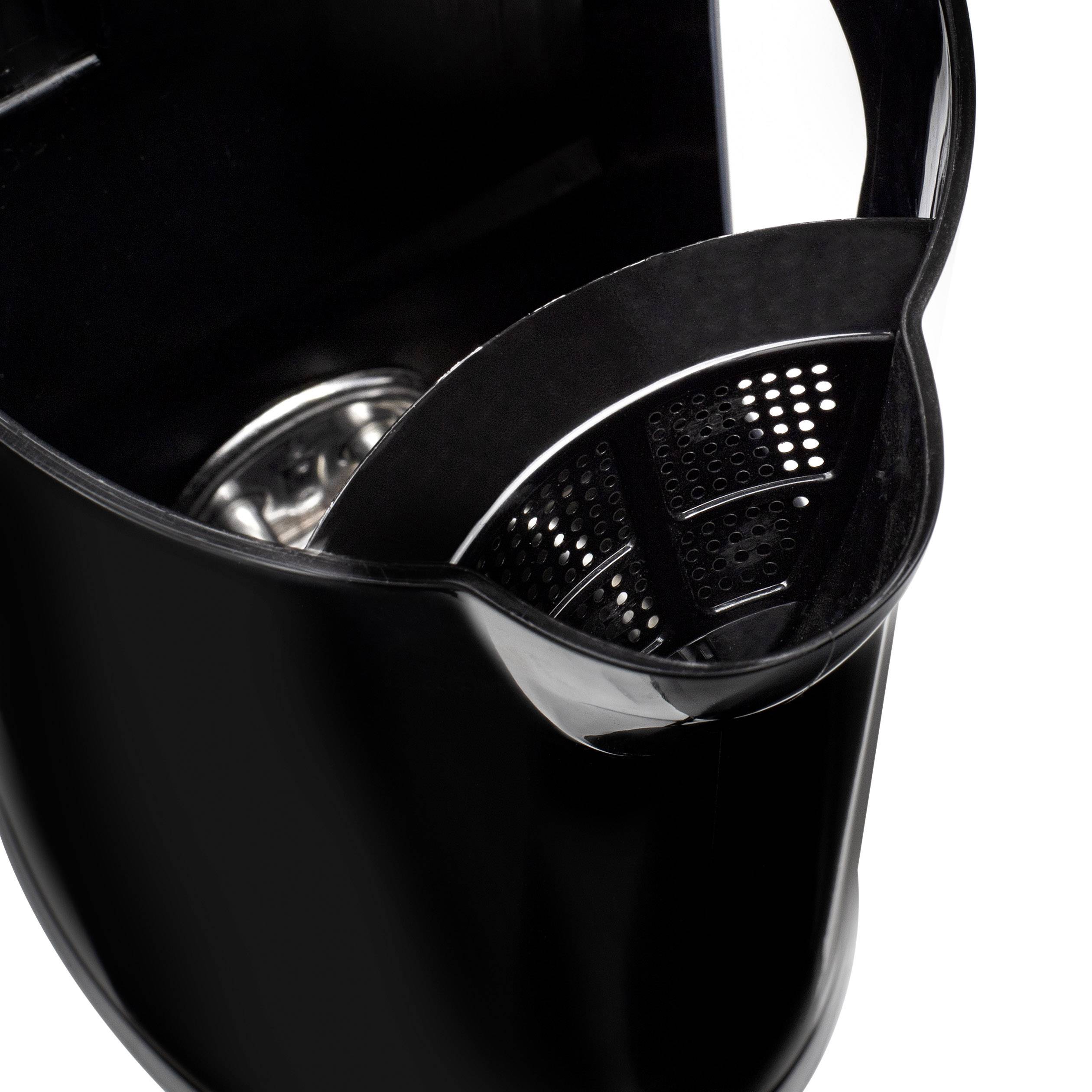 A black kettle with an open lid and a visible metal strainer in the spout.