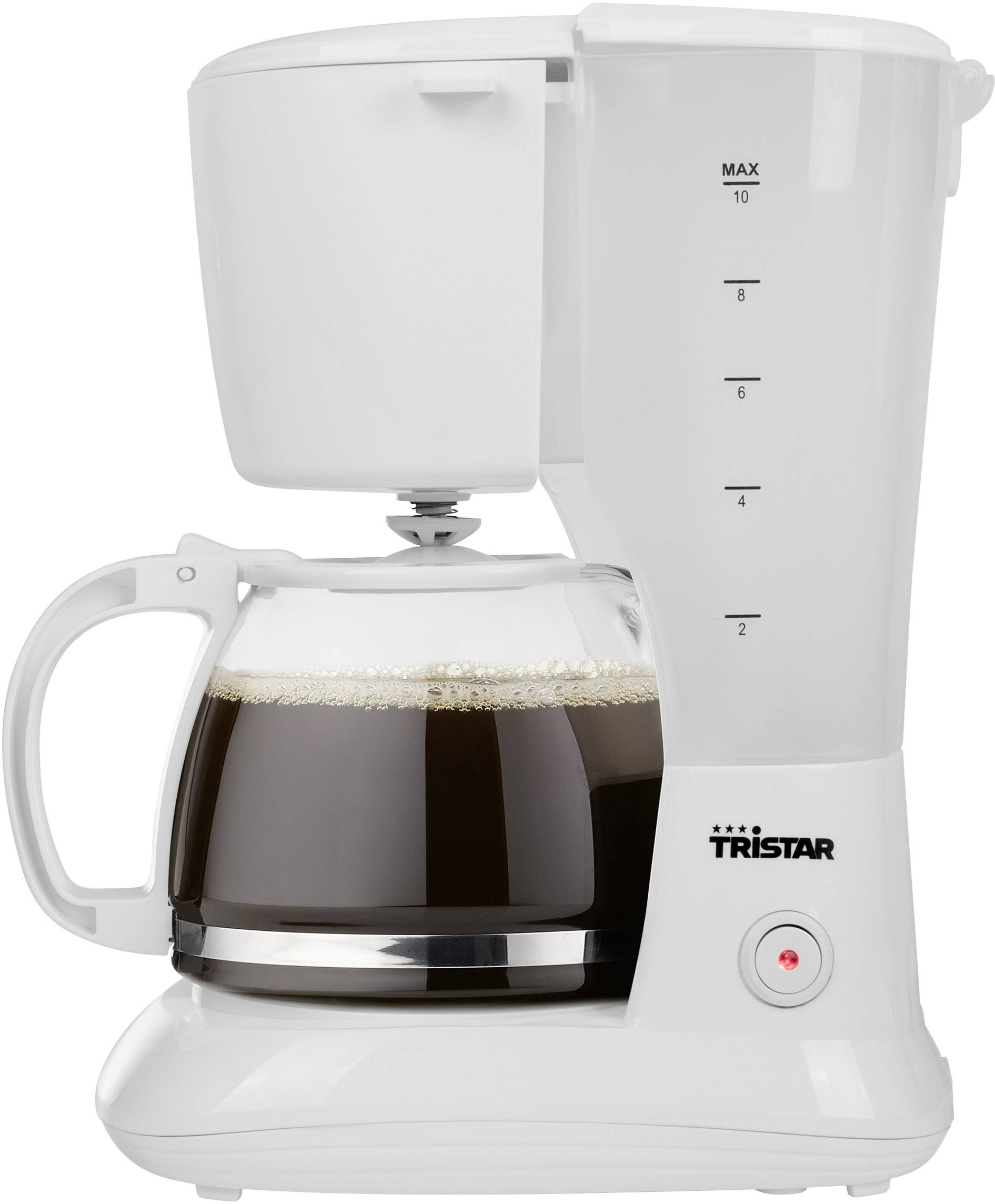 White filter coffee machine with a glass carafe filled with coffee. Scale shows maximum 10 cups. Kettle with a red button.