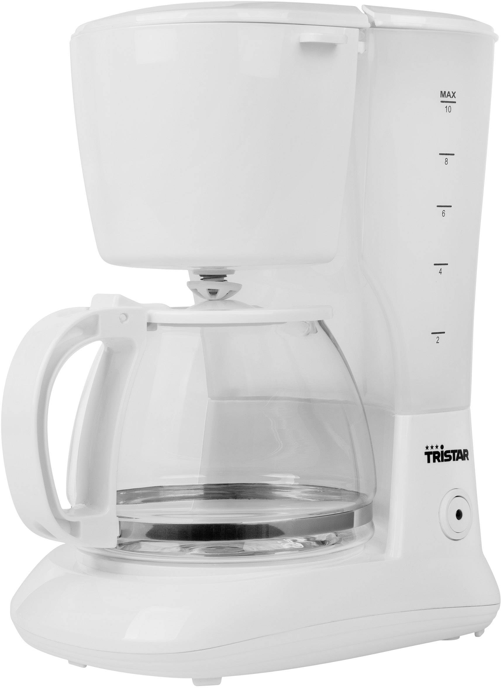 White coffee machine with glass carafe and maximum capacity of ten cups.
