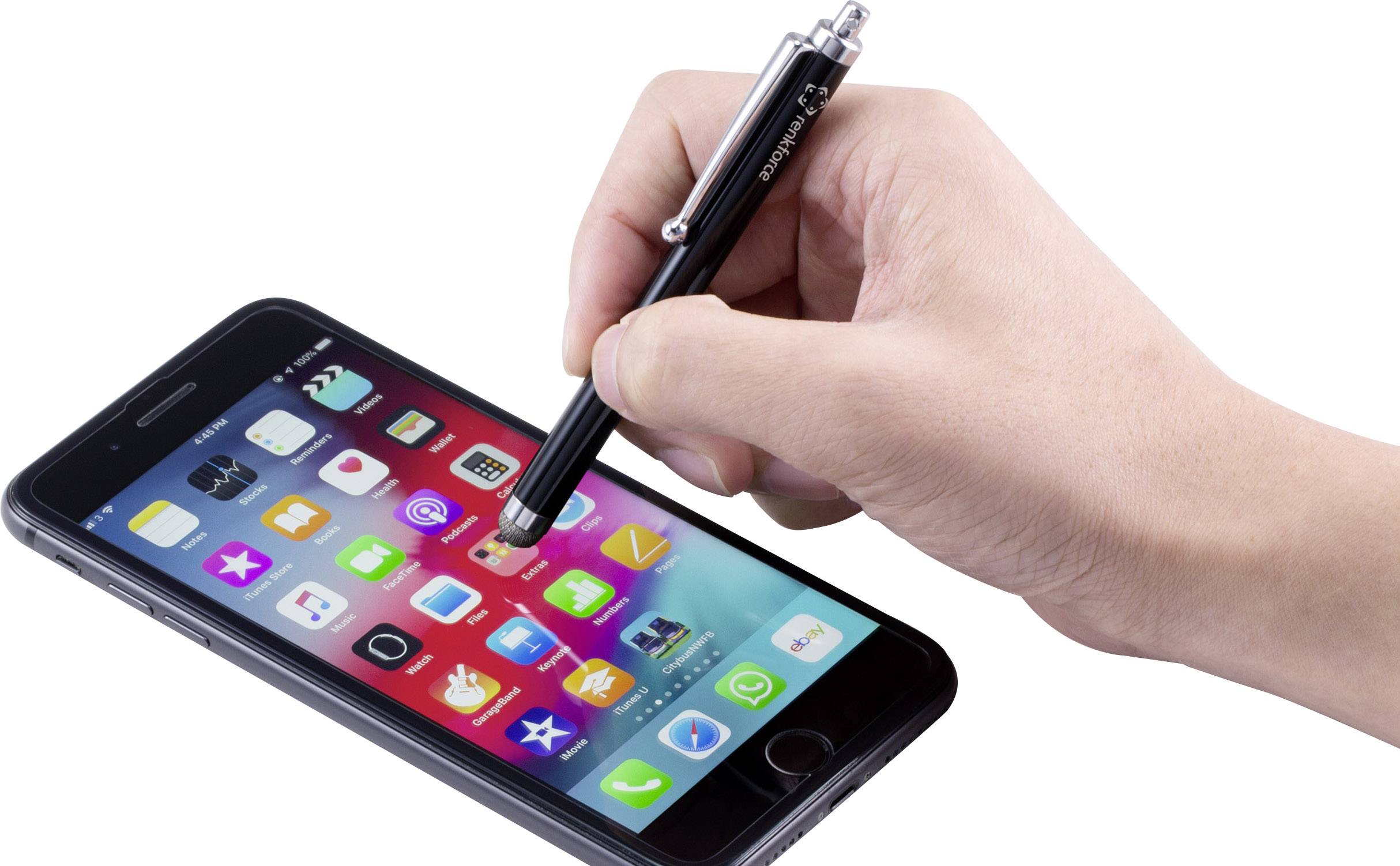 A hand holds a pen and touches the screen of a smartphone, which displays various app icons.