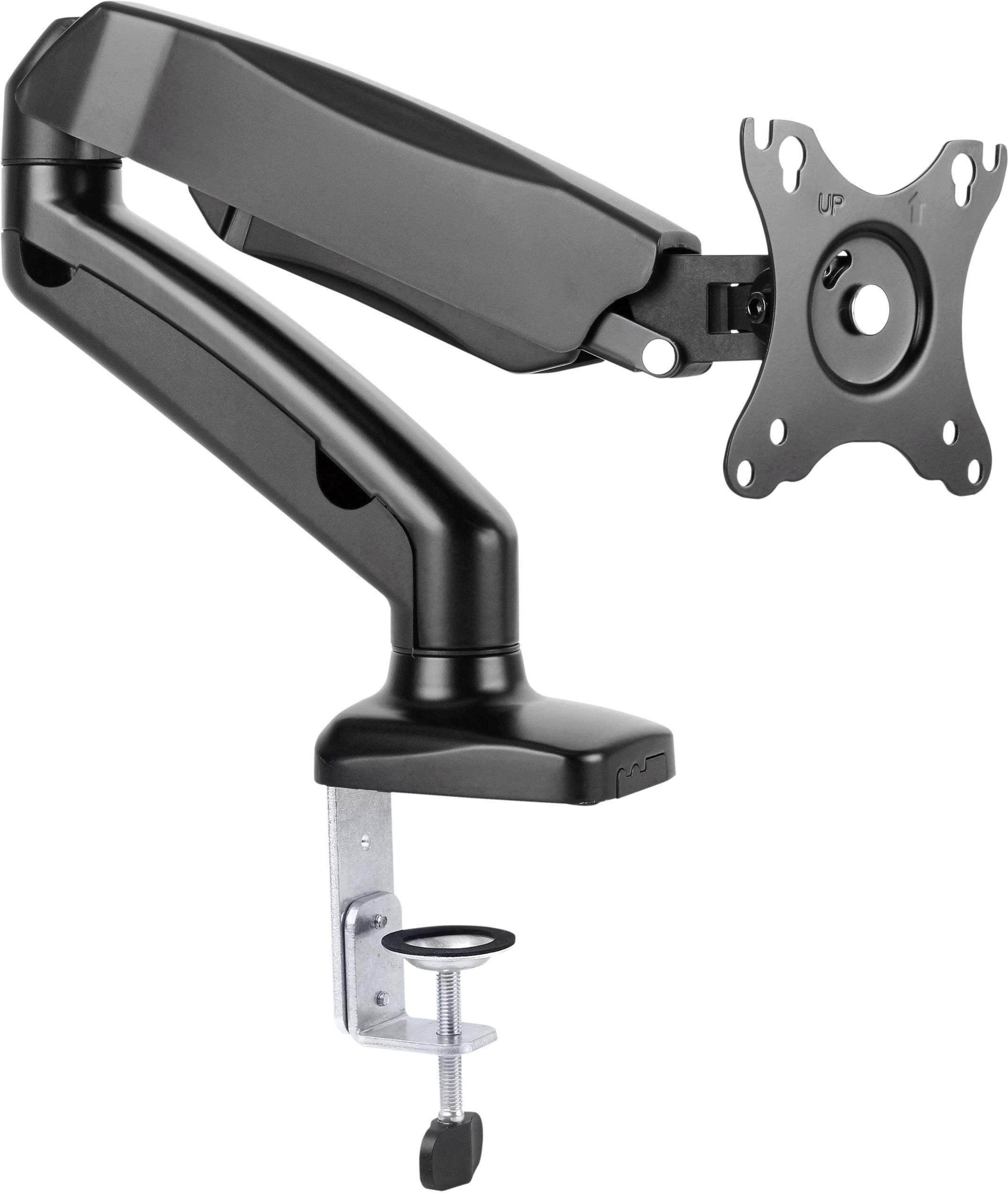 A black metal monitor arm mounted on the edge of a desk. It features a jointed design that allows flexible positioning of the monitor.