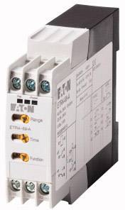 A timer relay by Eaton with model number ETR4-69-A. It displays three adjustment options: range, time, and function.