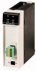An industrial communication adapter with a white housing and green connection terminals, suitable for DIN rail mounting.