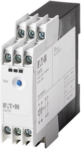 An electronic multi-function time relay by Eaton with a white housing, blue test button, and terminal connections on the top.