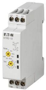 A time relay by Eaton, model ETR2-12, with adjustable times and front-mounted terminals for controlling electrical circuits.