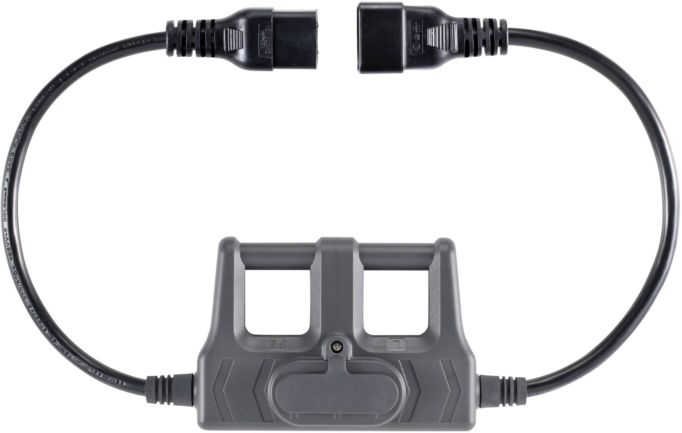 A black network cable with two plugs and a grey junction box in the middle.