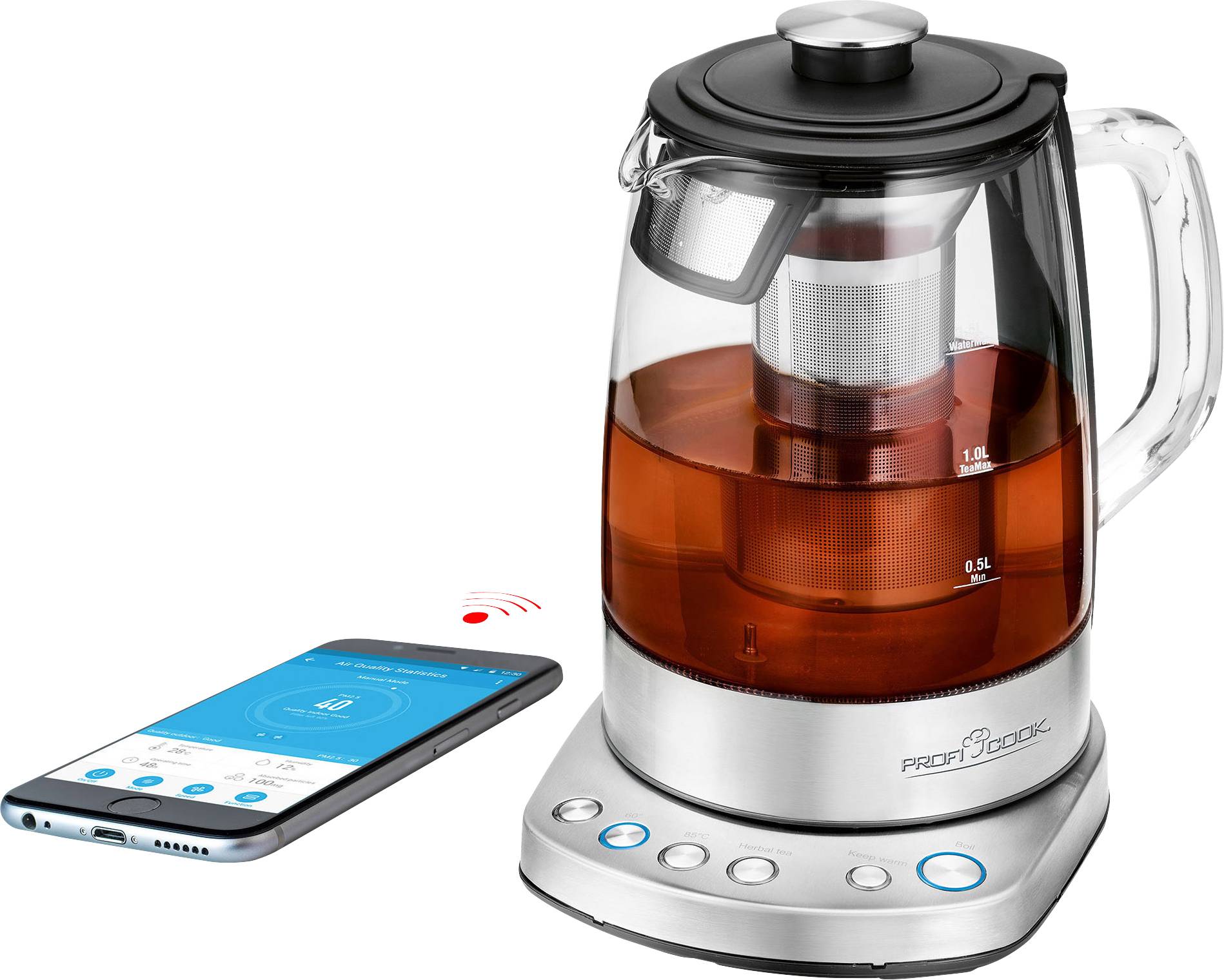 A smart glass kettle with a smartphone beside it. The smartphone displays an app for controlling the kettle.