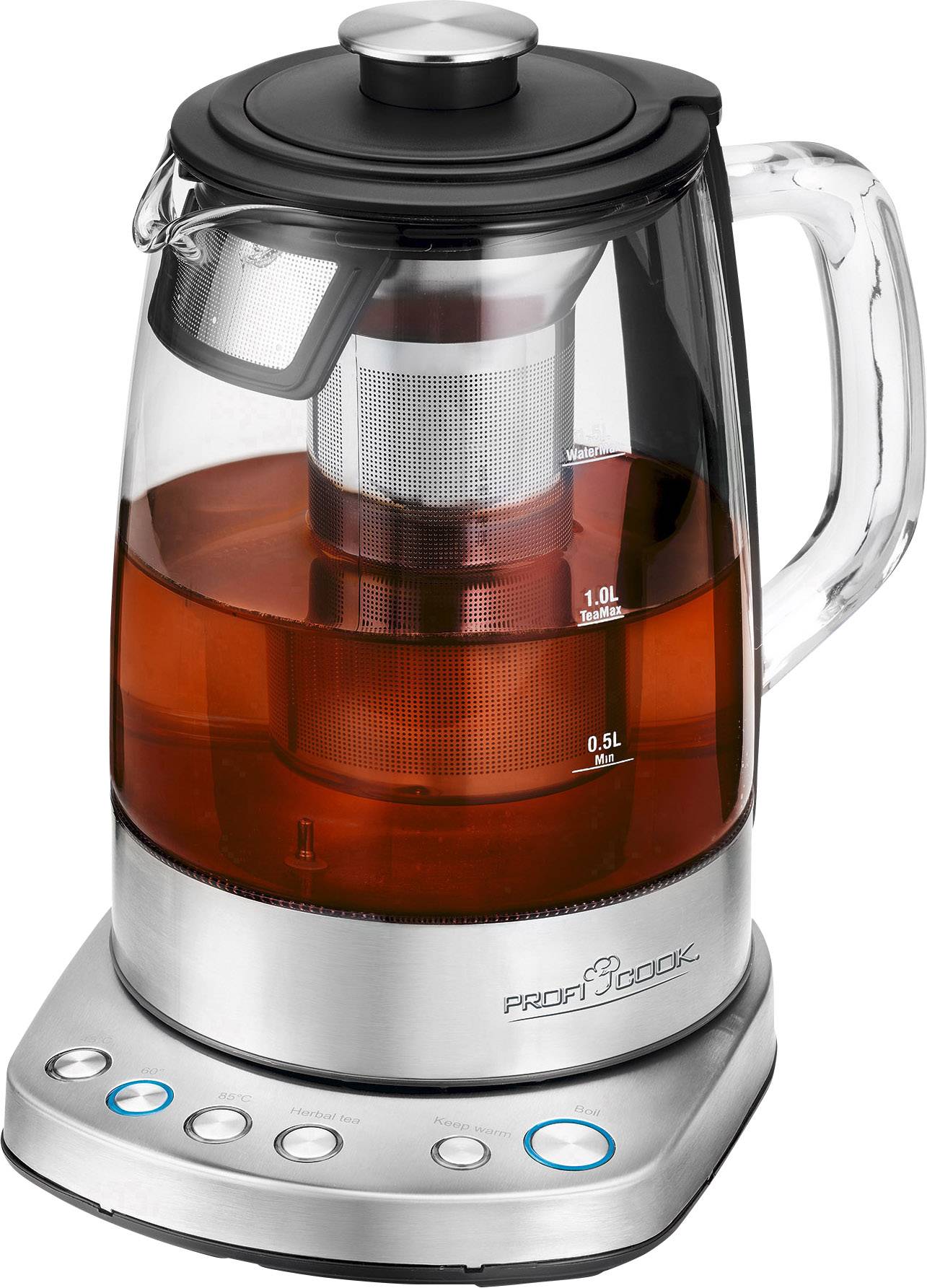 A glass electric kettle filled with tea. The base has four silver-coloured buttons for operation.